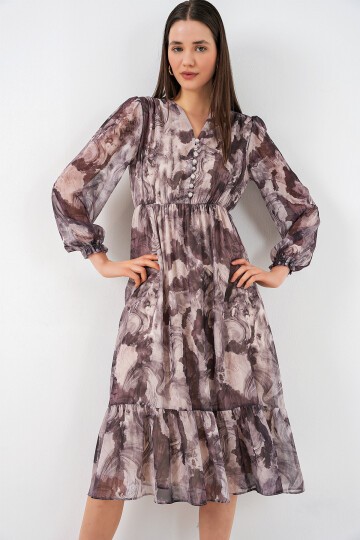 2137 Desenli Şifon Elbise - A.Bej