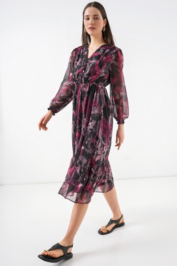 2137 Desenli Şifon Elbise - A.Kırmızı