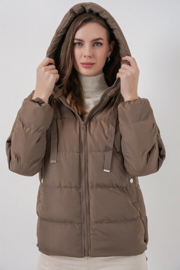 5117 Kapşonlu Şişme Mont - D.Kahve