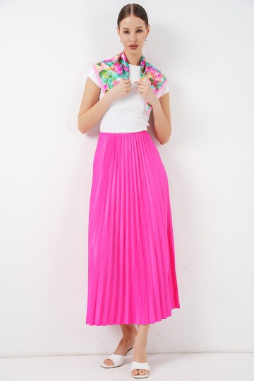 8009 Deri Görünümlü Piliseli Etek - Fuşya