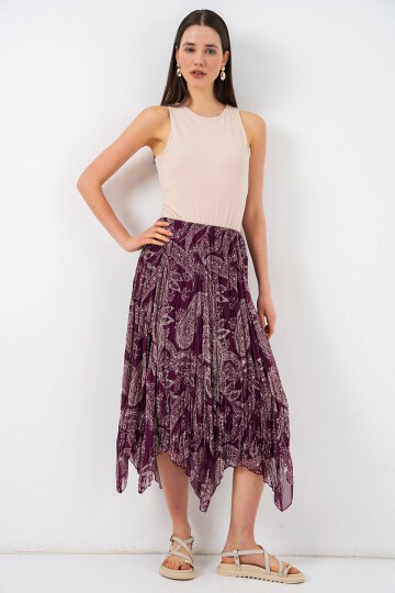 Kadın Asimetrik Tül Şifon Etek 8061 - Mürdüm