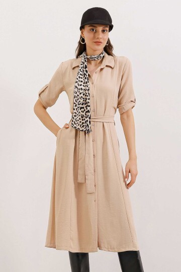 Kadın Bej Kuşaklı Gömlek Elbise 2442