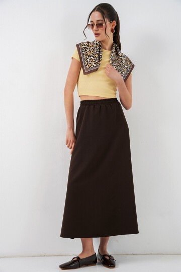 Kadın Beli Lastikli Uzun Etek 8072 - Kahverengi