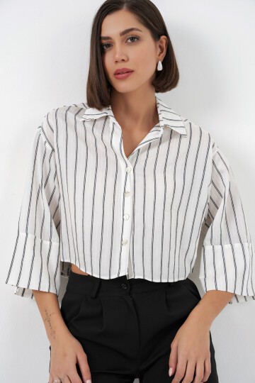 Kadın Çizgili Oversize Kısa Gömlek 20326 - B.Beyaz
