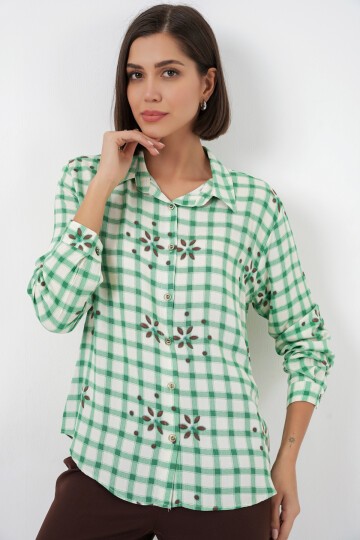 Kadın Desenli Oversize Viskon Gömlek 20371 - Yeşil