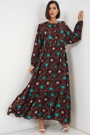 Kadın Desenli Tesettür Elbise 2594 - Kahverengi