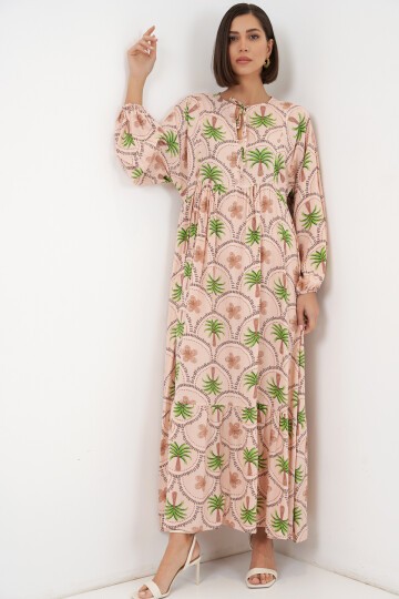 Kadın Desenli Tesettür Elbise 2594 - Pudra