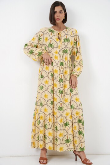 Kadın Desenli Tesettür Elbise 2594 - Sarı