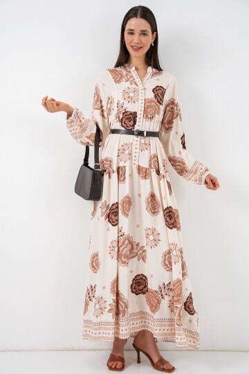 Kadın Desenli Uzun Tesettür Elbise 2585 - A.Bej