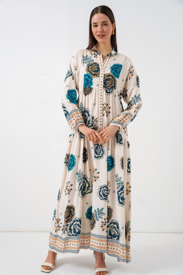 Kadın Desenli Uzun Tesettür Elbise 2585 - A.SAKS