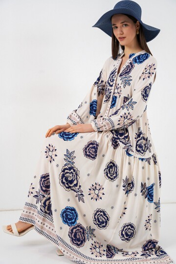 Kadın Desenli Uzun Tesettür Elbise 2585 - B.Lacivert