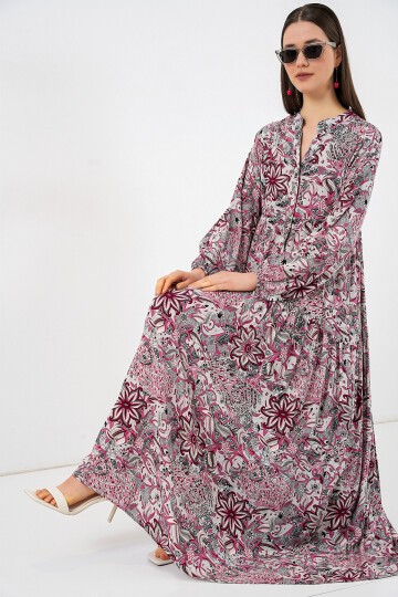 Kadın Desenli Uzun Tesettür Elbise 2585 - C.Gri