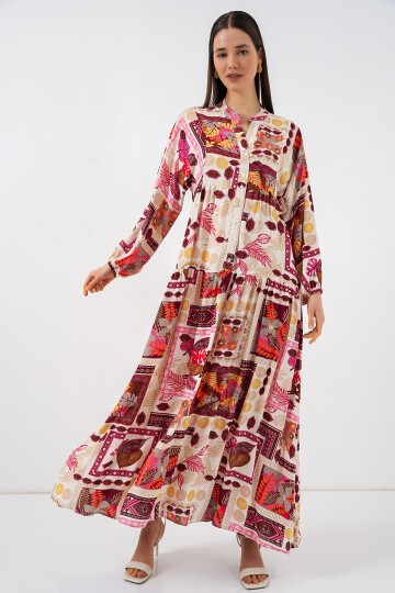 Kadın Desenli Uzun Tesettür Elbise 2585 - E. Turuncu