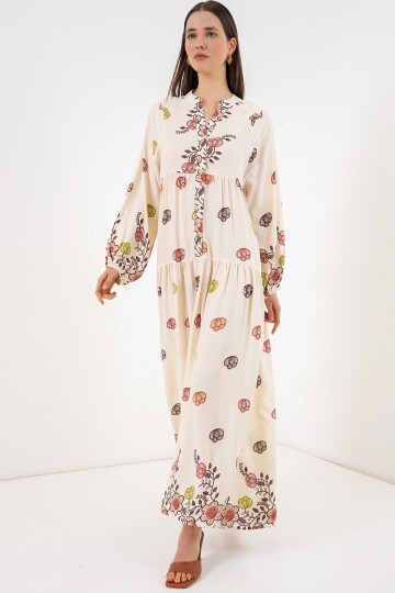 Kadın Desenli Uzun Tesettür Elbise 2585 - Kiremit