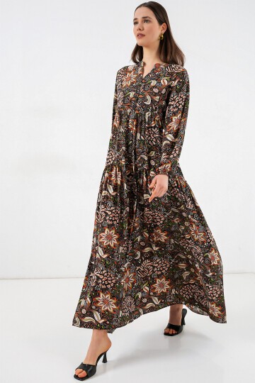 Kadın Desenli Uzun Tesettür Elbise 2585 - L. Siyah