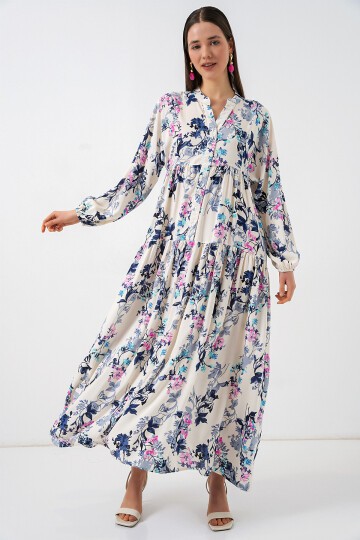 Kadın Desenli Uzun Tesettür Elbise 2585 - Z.Lacivert