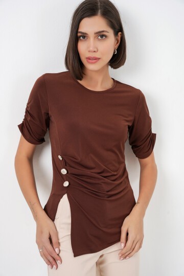 Kadın Düğme Detaylı Sandy Bluz 992 - Kahverengi