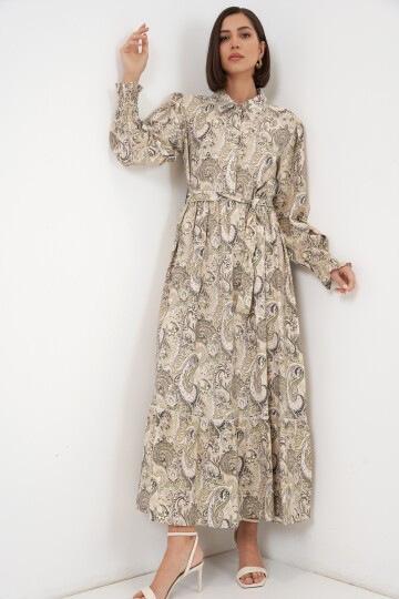 Kadın Kuşaklı Tesettür Elbise 2589 - Bej