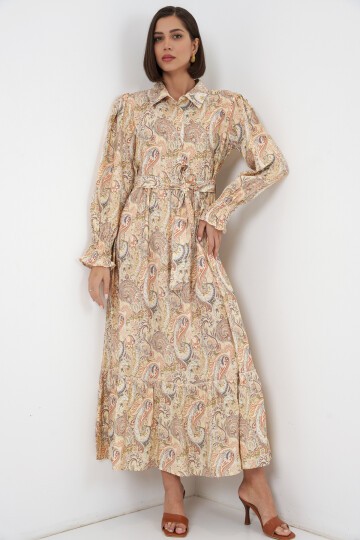 Kadın Kuşaklı Tesettür Elbise 2589 - Sarı