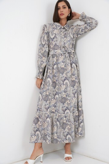 Kadın Kuşaklı Tesettür Elbise 2589 - Taş