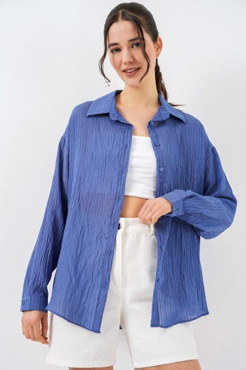 Kadın Uzun Oversize Gömlek 20320 - İndigo