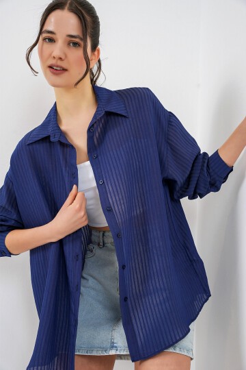 Kadın Uzun Oversize Gömlek 20320 - Lacivert
