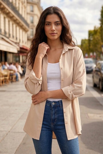 Oversize Basic Krem Gömlek
