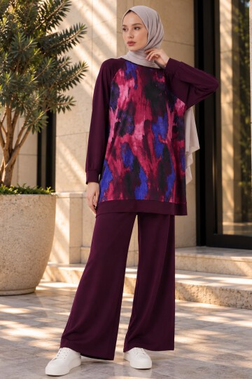 Kadın Desenli Oversize Tunik Pantolon İkili Takım 55462 - Mor