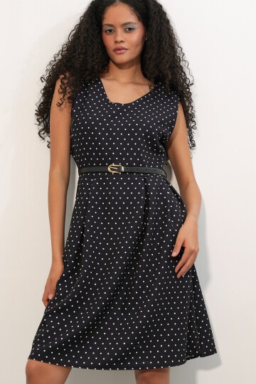 Kadın Kısa V Yaka Puantiyeli Elbise 2606 - Siyah
