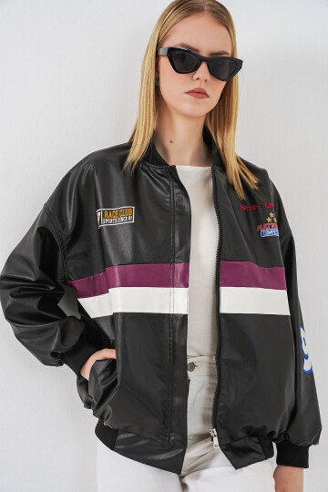 Merterium 0698 Baskılı Suni Deri Bomber Ceket - Bordo
