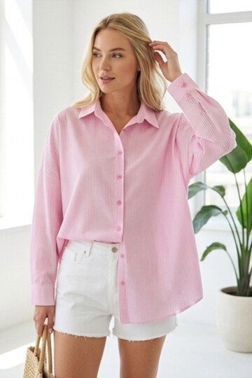 Merterium 3900 Oversize Kareli Gömlek - Y.Pembe