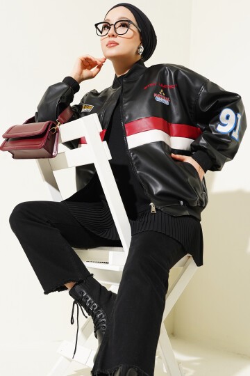 T0698 Baskılı Suni Deri Bomber Ceket - Siyah