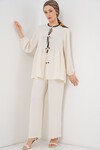 Kadın Önü Bağcıklı Tunik Pantolon İkili Takım 6744 - Ekru