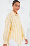 Merterium Kadın Sarı Beyaz Çizgili Oversize Keten Gömlek 20251