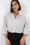 Kadın Çizgili Oversize Kısa Gömlek 20326 - B.Beyaz