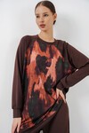 Kadın Desenli Oversize Tunik Pantolon İkili Takım 55462 - Kahverengi
