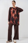 Kadın Desenli Oversize Tunik Pantolon İkili Takım 55462 - Kahverengi