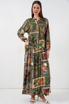 Kadın Desenli Uzun Tesettür Elbise 2585 - Koyu Yeşill