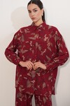 Kadın Desenli Oversize Gömlek Pantolon İkili Takım 30098 - Bordo