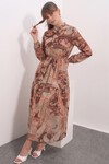 Kadın Desenli Uzun Tesettür Elbise 2586 - Pudra