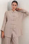 Kadın Oversize Gömlek Pantolon Keten İkili Takım 30126 - Bej