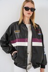 Merterium 0698 Baskılı Suni Deri Bomber Ceket - Bordo