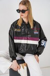 Merterium 0698 Baskılı Suni Deri Bomber Ceket - Bordo