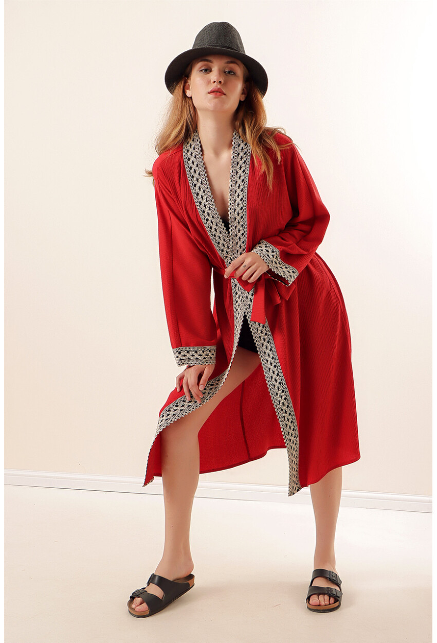 05865 Nakışlı Örme Uzun Kimono