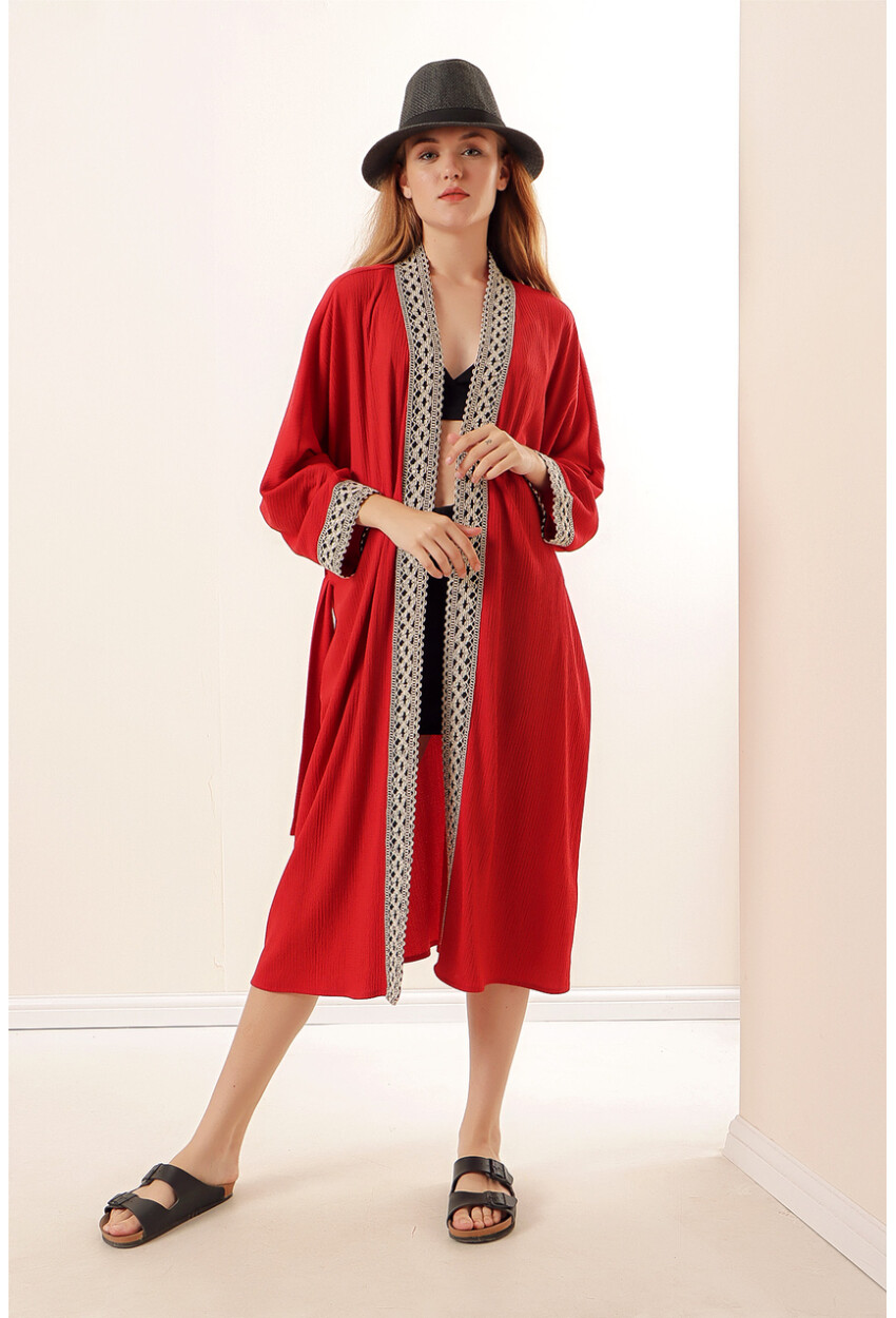 05865 Nakışlı Örme Uzun Kimono