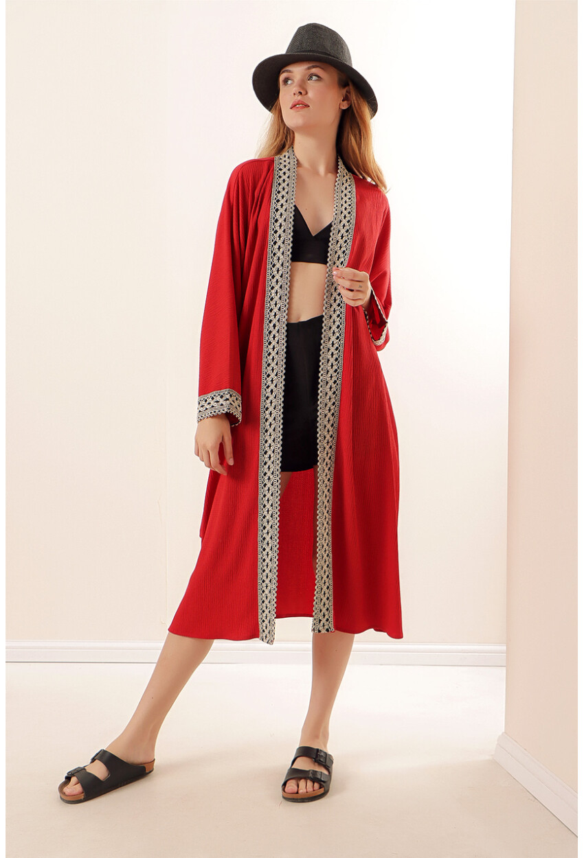 05865 Nakışlı Örme Uzun Kimono