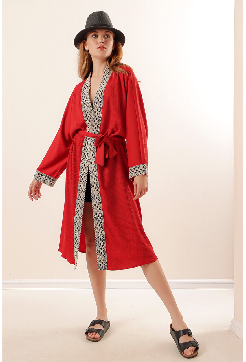 05865 Nakışlı Örme Uzun Kimono