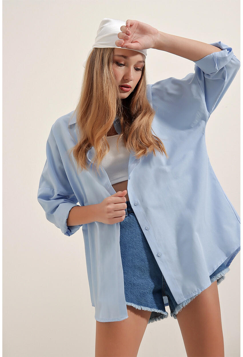 3900 Oversize Uzun Basic Gömlek - Mavi