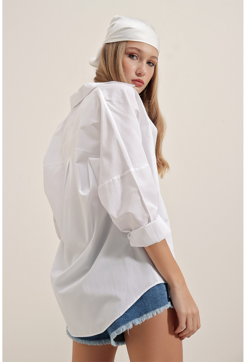 3900 Kadın Oversize Uzun Basic Gömlek - Beyaz