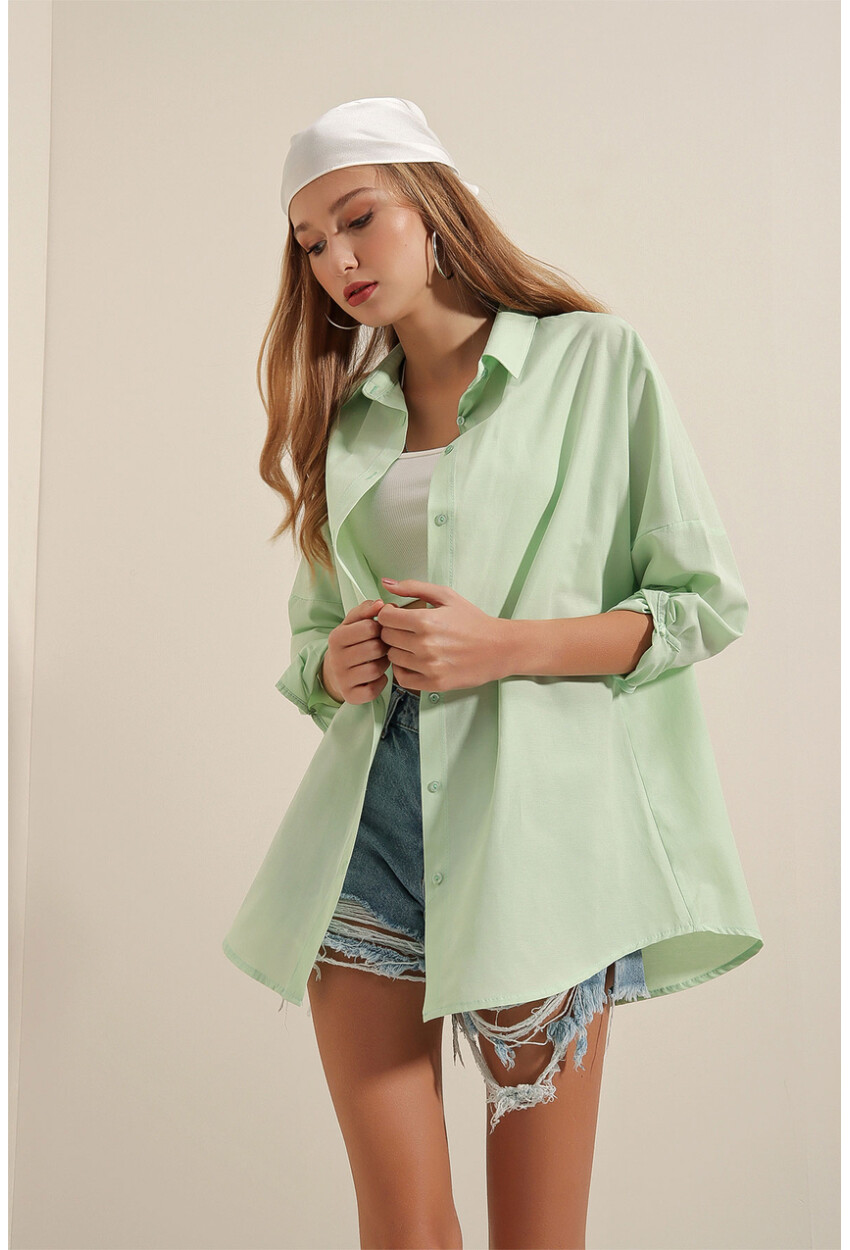3900 Oversize Uzun Basic Gömlek - E.Yeşil